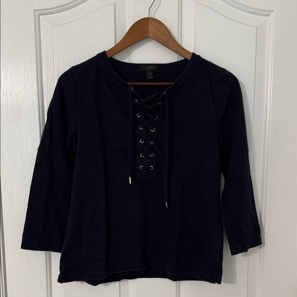 JCrew Navy Lace-Up 3/4 Sleeve Tunic Top